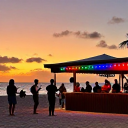 Caribbean Holidays, Barbados December, Friendly Barbados beach bar at sunset with backpackers, local musicians and colourful Christmas lights