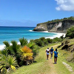 Caribbean Holidays, Barbados December, Hikers walking along a green coastal trail in Barbados, with sea cliffs, tropical plants and wide ocean views
