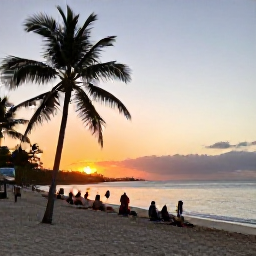 Caribbean Holidays, Barbados December Tours, Visitors relaxing on a Barbados beach at sunset after a day of sightseeing, with warm light, palm trees and calm sea