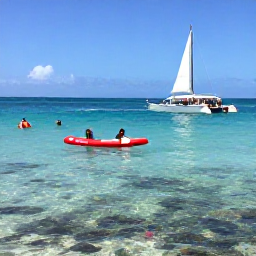 Caribbean Holidays, Barbados December, Visitors snorkelling in clear Caribbean water near Barbados, colourful fish, coral and a traditional catamaran nearby