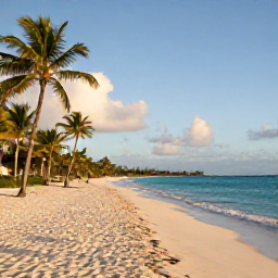 Caribbean Holidays, Barbados December, Wide sandy beach in Barbados at golden hour, turquoise Caribbean sea, palm trees and relaxed holiday atmosphere