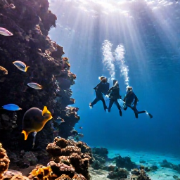 Caribbean Holidays, Barbados Diving January, Divers descending beside a gentle reef wall with tropical fish and sunbeams near Barbados