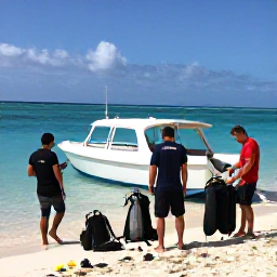 Caribbean Holidays, Barbados Diving January, Friendly Barbados dive instructors preparing equipment beside a boat on a sunny Caribbean beach