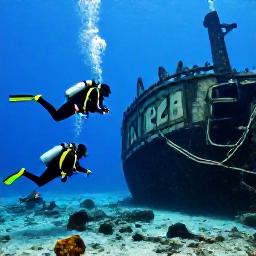 Caribbean Holidays, Barbados Diving January, Scuba divers investigating a historic shipwreck on the seabed off the west coast of Barbados
