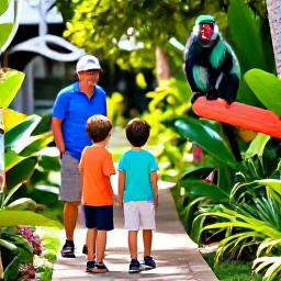 Caribbean Holidays, Barbados Family Holidays, A Barbados family exploring a colourful wildlife attraction with green monkeys, tropical plants and shaded paths