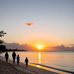 Caribbean Holidays, Barbados Family Holidays, A colourful sunset over the west coast of Barbados, with a family walking along the beach beside calm sea