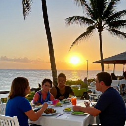 Caribbean Holidays, Barbados Family Holidays, A family dining outdoors at a casual Barbados restaurant at sunset, enjoying local food with palm trees and the sea behind them