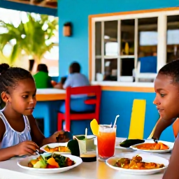 Caribbean Holidays, Barbados Family Holidays, A family eating a relaxed outdoor meal at a colourful Barbados caf&eacute;, with local dishes and fresh tropical fruit on the table
