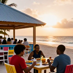 Caribbean Holidays, Barbados Family Holidays, A family eating an informal meal at a colourful beachfront restaurant in Barbados at sunset