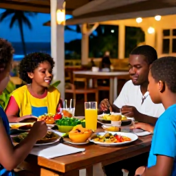 Caribbean Holidays, Barbados Family Holidays, A family eating an informal outdoor meal at a welcoming Barbados restaurant, colourful local food, tropical setting and evening light