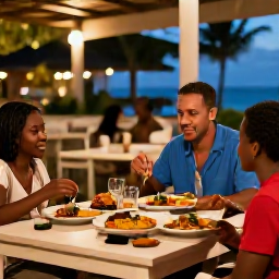 Caribbean Holidays, Barbados Family Holidays, A family eating fresh Bajan food at a relaxed outdoor restaurant in Barbados during a warm evening
