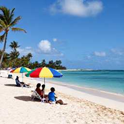 Caribbean Holidays, Barbados Family Holidays, A family enjoying a relaxed day on a bright sandy beach in Barbados, calm turquoise sea, palm trees and colourful beach umbrellas