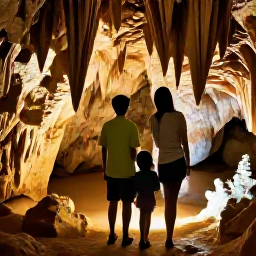 Caribbean Holidays, Barbados Family Holidays, A family exploring Harrison's Cave in Barbados with dramatic limestone formations and warm cave lighting