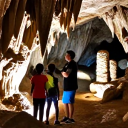 Caribbean Holidays, Barbados Family Holidays, A family exploring Harrison's Cave in Barbados with illuminated underground rock formations and a knowledgeable guide