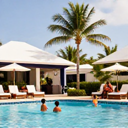 Caribbean Holidays, Barbados Family Holidays, A family relaxing at a comfortable Barbados resort pool, children playing safely while parents sit nearby beneath palm trees