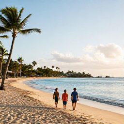 Caribbean Holidays, Barbados Family Holidays, A family walking along a Barbados beach at golden hour, with calm sea, palm trees and warm evening light