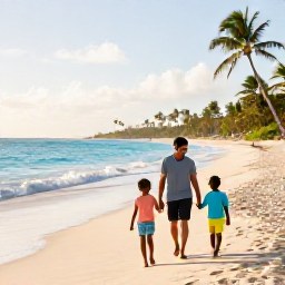 Caribbean Holidays, Barbados Family Holidays, A happy family walking along a bright sandy beach in Barbados in January, turquoise sea, palm trees and gentle morning sunlight