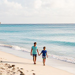 Caribbean Holidays, Barbados Family Holidays, A happy family walking along a bright sandy beach in Barbados in March, calm turquoise sea and gentle morning sunlight