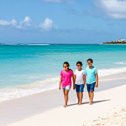 Caribbean Holidays, Barbados Family Holidays, A happy family walking along a calm white-sand beach in Barbados beside turquoise Caribbean water