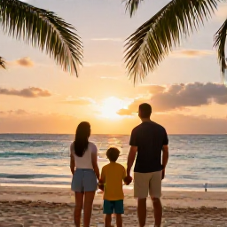 Caribbean Holidays, Barbados Family Holidays, A happy family watching the sunset over the Caribbean Sea from a Barbados beach, with warm evening light and palm silhouettes