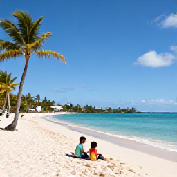 Caribbean Holidays, Barbados Family Holidays, A relaxed family enjoying a bright sandy beach, calm turquoise sea and palm trees on the Barbados coast in June