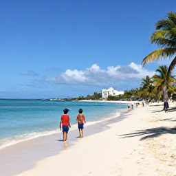 Caribbean Holidays, Barbados Family Holidays, A relaxed family enjoying a sunny Barbados beach in May, with calm turquoise water, pale sand and palm trees