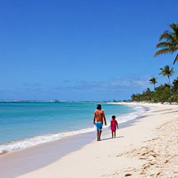 Caribbean Holidays, Barbados Family Holidays, A relaxed family enjoying a sunny beach in Barbados in April, with calm turquoise water, golden sand and gentle palm trees