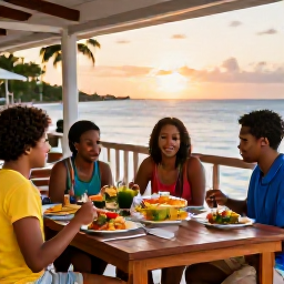 Caribbean Holidays, Barbados Family Holidays, A relaxed family meal at an outdoor Barbados restaurant at sunset, with colourful local food and a friendly island atmosphere