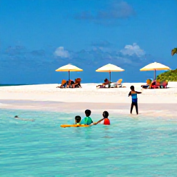 Caribbean Holidays, Barbados Family Holidays, A sunny family scene on a Barbados beach in August, with children paddling in calm turquoise water and parents relaxing under umbrellas