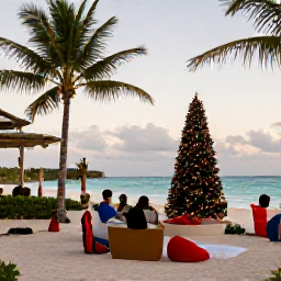 Caribbean Holidays, Barbados Family Holidays, Barbados family enjoying a festive beachside Christmas atmosphere with palm trees and soft evening light