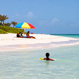 Caribbean Holidays, Barbados Family Holidays, Children paddling in calm shallow water on a Barbados beach while parents relax nearby under a colourful beach umbrella