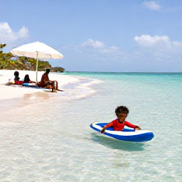 Caribbean Holidays, Barbados Family Holidays, Children paddling in shallow clear water on a Barbados beach while parents relax nearby under a sun umbrella