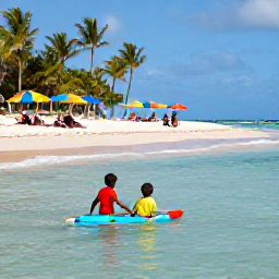 Caribbean Holidays, Barbados Family Holidays, Children paddling in shallow clear water while parents relax on a sandy Barbados beach, colourful umbrellas and palm trees