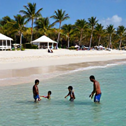Caribbean Holidays, Barbados Family Holidays, Children playing safely in shallow clear water beside parents on a wide sandy Barbados beach, palm trees in the background