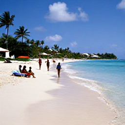 Caribbean Holidays, Barbados Family Holidays, Families enjoying a wide sandy beach on the west coast of Barbados, with clear shallow water, sun loungers and palm trees