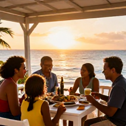 Caribbean Holidays, Barbados Family Holidays, Family enjoying a relaxed evening meal at a casual seaside restaurant in Barbados, warm sunset light and local dishes