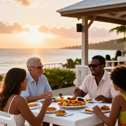 Caribbean Holidays, Barbados Family Holidays, Family enjoying a relaxed outdoor dinner at a Barbados restaurant at sunset, colourful local food and welcoming atmosphere