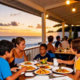 Caribbean Holidays, Barbados Family Holidays, Family enjoying a relaxed outdoor meal at a Barbados restaurant at sunset, colourful local dishes, warm lights and a welcoming atmosphere
