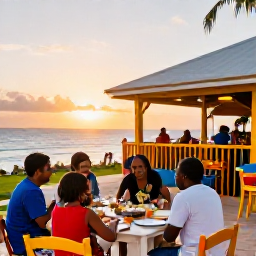 Caribbean Holidays, Barbados Family Holidays, Family enjoying a relaxed outdoor meal at a colourful Barbados restaurant at sunset