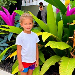 Caribbean Holidays, Barbados Family Holidays, Family exploring a colourful Barbados wildlife garden with green tropical plants, butterflies and a small monkey in the background