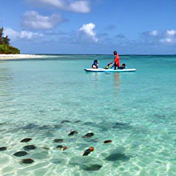 Caribbean Holidays, Barbados Family Holidays, Family paddling and snorkelling in clear shallow water beside a Barbados beach, colourful fish visible below