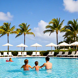 Caribbean Holidays, Barbados Family Holidays, Family relaxing beside a swimming pool at a Barbados resort with palm trees and bright blue sky