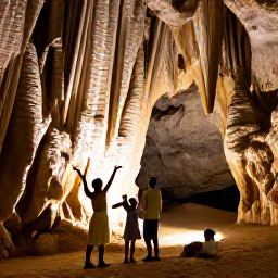 Caribbean Holidays, Barbados Family Holidays, Family visiting Harrison's Cave in Barbados with dramatic limestone formations and soft underground lighting
