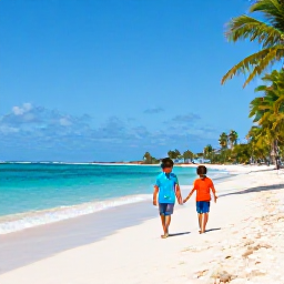 Caribbean Holidays, Barbados Family Holidays, Happy family relaxing on a bright sandy beach in Barbados in July, calm turquoise sea and palm trees