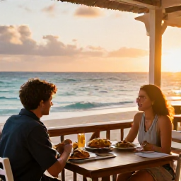 Caribbean Holidays, Barbados February, A couple dining outdoors at a Barbados beachfront restaurant at sunset, with local dishes, soft lighting and the sea behind them