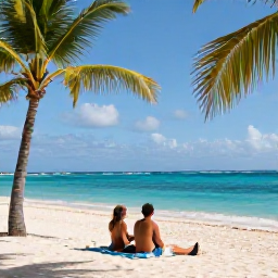 Caribbean Holidays, Barbados February, A couple relaxing on a quiet white-sand beach in Barbados in warm February sunshine, turquoise sea and swaying palms