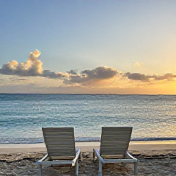Caribbean Holidays, Barbados February, A tranquil Barbados beach at sunset with two empty loungers, calm Caribbean water and a warm golden sky