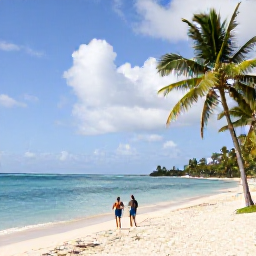 Caribbean Holidays, Barbados February, Barbados coastline near Bridgetown with calm turquoise sea, palm trees, soft sand and a couple walking along the shore