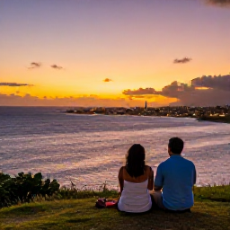 Caribbean Holidays, Barbados February, Couple enjoying a scenic Barbados sunset from a coastal viewpoint with Bridgetown lights in the distance