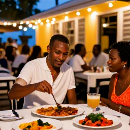 Caribbean Holidays, Barbados February, Friendly Barbados evening food scene with outdoor tables, local dishes, rum cocktails and warm lights near Bridgetown